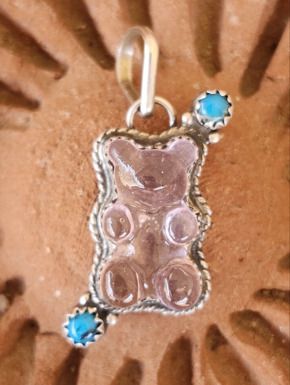 Native American Sterling Turquoise Pink Gummy Bear Charm Necklace Signed SR 🐻